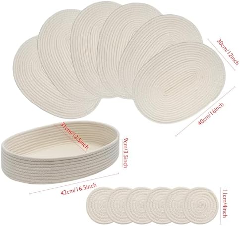 Oval Cotton Placemats Set of 6 -Coasters & Holder, Off White
