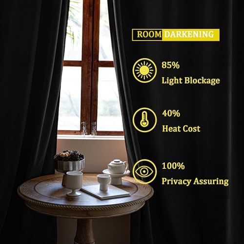 YOFUN Black Back Tab Velvet Blackout Curtains W52xL120, 2Pcs