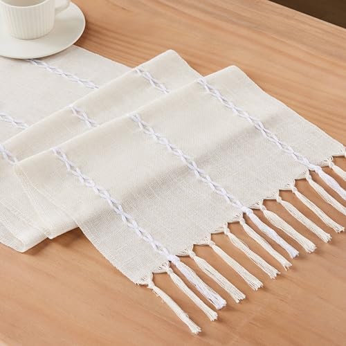 Braided Farmhouse Table Runner, Braided Beige 13x36 Inch, Cotton Linen