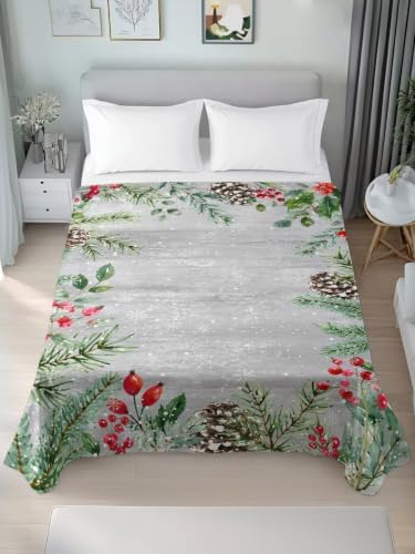 Cal King Size Flat Sheet Only, Christmas Winter Red Berry Pine Bed Top