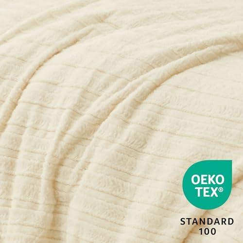 BEDELITE Faux Fur King Size Comforter Set, Fluffy Bed Set, Cream White