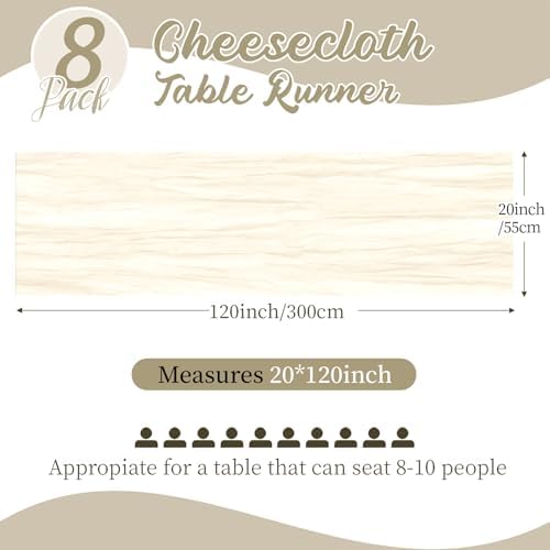 8 Pack Ivory Cheesecloth Table Runners 20x120 Inch Gauze Table Runner