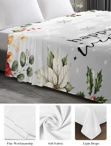 Cal King Size Flat Sheet Only, Winter Snowman Xmas Poinsettia Bed Top
