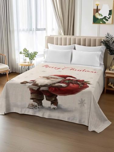 King Size Flat Sheet Only, Merry Christmas Santa Claus Gifts Bed Top