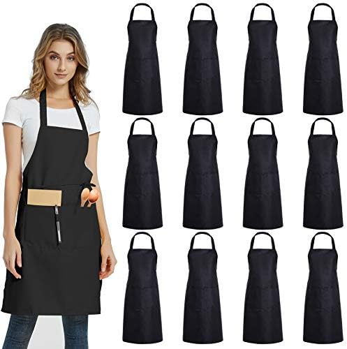 DUSKCOVE 12 Pack Plain Bib Aprons with 2 Pockets - Black Unisex