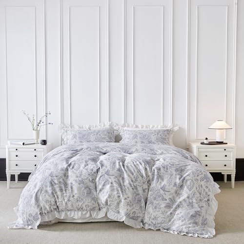 SUSYBAO Blue White Floral Duvet Cover King 100% Cotton 3 Pcs Set 1