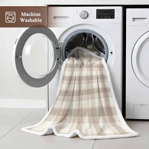 Beige Grid Sherpa Fleece Blanket Farmhouse Cream Buffalo Plaid Gingham