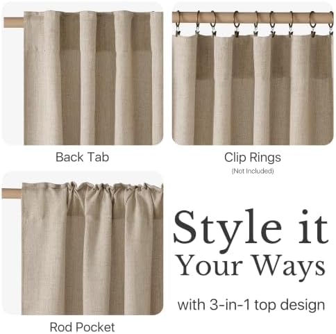 NICETOWN Khaki Neutral Faux Linen Semi Sheer Curtains 96 inches Long
