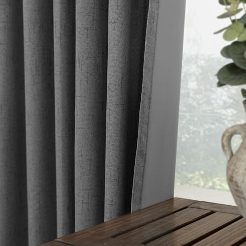 KOUFALL Charocal Dark Grey Linen Blackout Curtains for Bedroom Living