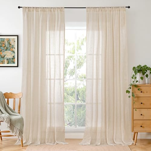 BGment Tan Linen Curtains 84 Inch Length 2 Panels Burlap Semi Sheer