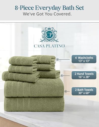 Casa Platino Towel Set for Bathroom 8 Piece Soft Absorbent - Oil Green