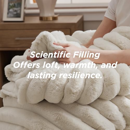 Bedsure Faux Fur King Comforter Set, Striped Fluffy Bedding Sets Beige