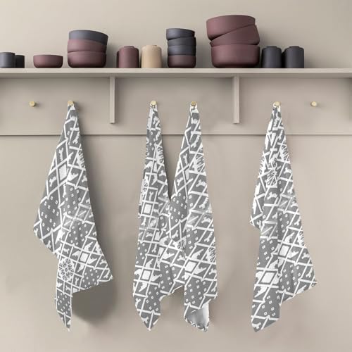 Kitchen Towels and Dishcloths Set, Gray Line Geometric 18 x 28 Inches