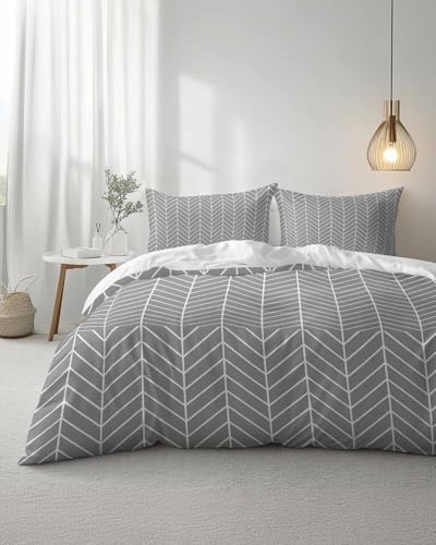Duvet Cover Set Queen, Abstract Gray White Herringbone Texture 3 Piece