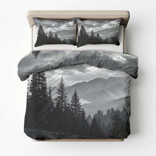 Grey Forest Duvet Cover King Size, Misty Mountain Pattern Bedding Set
