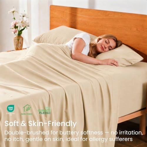 GOKOTTA 4 Piece King Size Sheet Set - Soft, Breathable & Cozy - Tan