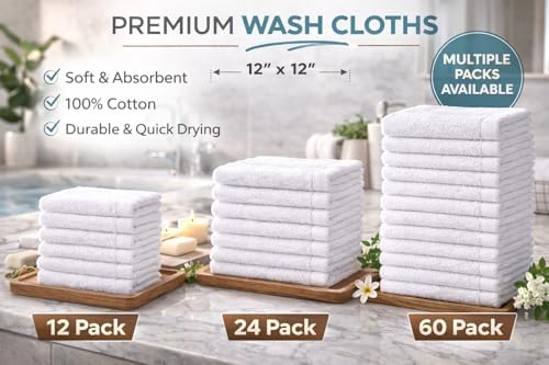 LUX Collection Washcloths 12x12 Inch, White Ring Spun Cotton, 400 GSM