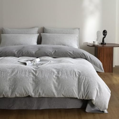 Botanical Floral Duvet Cover Set Full Washed Cotton Light Gray Bedding