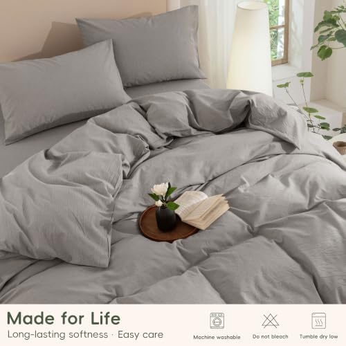 JIYUAN Twin Washed Cotton Duvet Cover Set, 2-Piece, Relaxed Linen Feel
