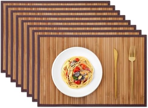 Bamboo Placemats Set of 8 with Fabric Border, Table Mats, Camel