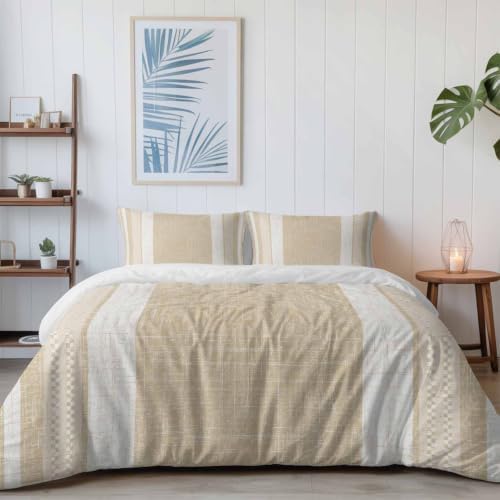 Beige Stripes Queen Size 4 Piece Duvet Cover Set, Minimalist Cream