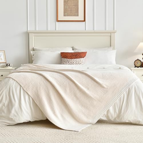 Chunky Knit Boucle Throw Blanket, Soft Washable Coastal Blanket for