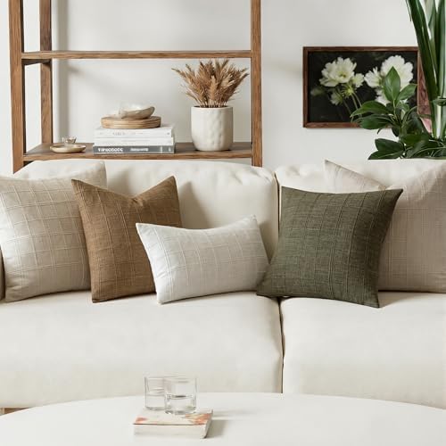 FEVERQIYI Set of 2 22x22 Brown Cotton Linen Plaid Pillow Covers