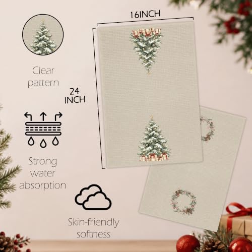 Christmas Tree Wreath Kitchen Towels, Rustic Vintage Neutral Winter