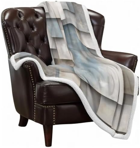Abstract Block Sherpa Fleece Blanket Minimalist Beige Gray Raised