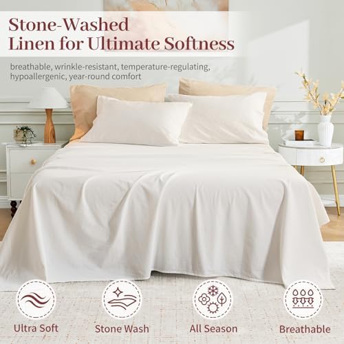 MEISHANG Stone Washed Linen Sheets King, 4 Pcs, 18-24" Extra Deep