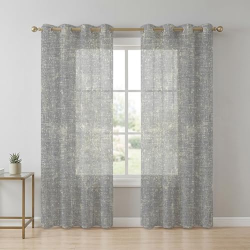 Gray Beige Linen Textured Sheer Curtains 63 Inch Long 2 Panels