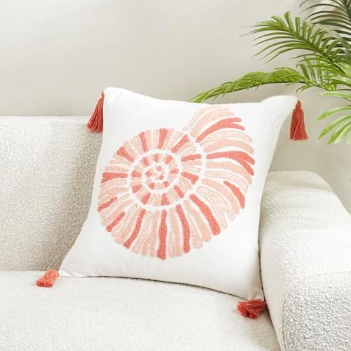 SARO LIFESTYLE Charming Embroidered Seashell Pillow Cover, 20"x20"