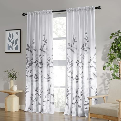 HOMEIDEAS Light Grey and White Privacy Sheer Curtains, 52X96 Inch, 2