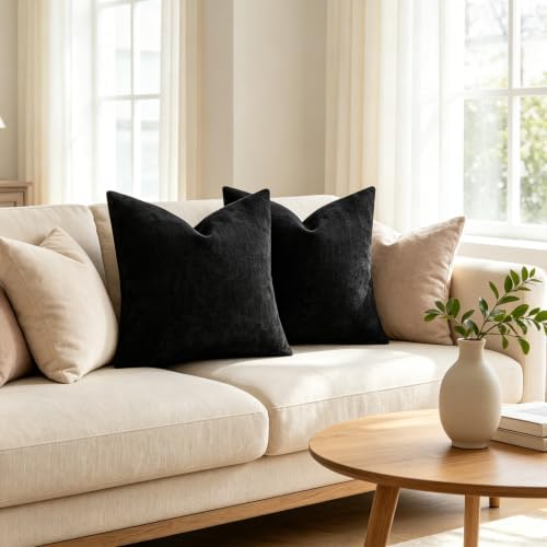 Chenille Decorative Throw Pillow Covers 18x18 Set of 2 Black