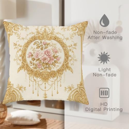 Elegant Floral Throw Pillow Covers Set of 2, Cream Gold Vintage Rose