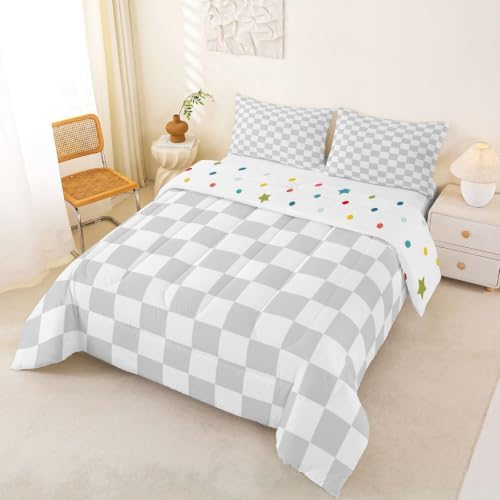 Manfei King Size Neutral Checkerboard Comforter Set with 2 Pillowcases