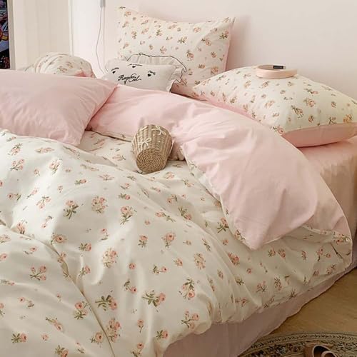 Nayoroom Pink Floral Duvet Cover Set Queen Green Botanical Flower