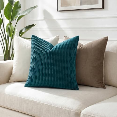 DEZENE 20x20 Teal Throw Pillow Cases: Pack of 2 Vertical Ripple