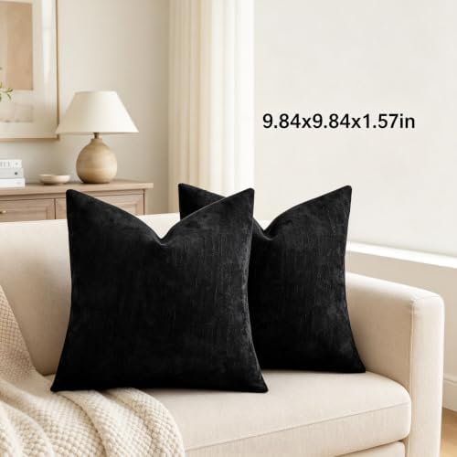 Chenille Decorative Throw Pillow Covers 18x18 Set of 2 Black