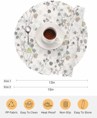 Gray Botanical Round Placemats Set of 8 Farmhouse Spring Summer Floral