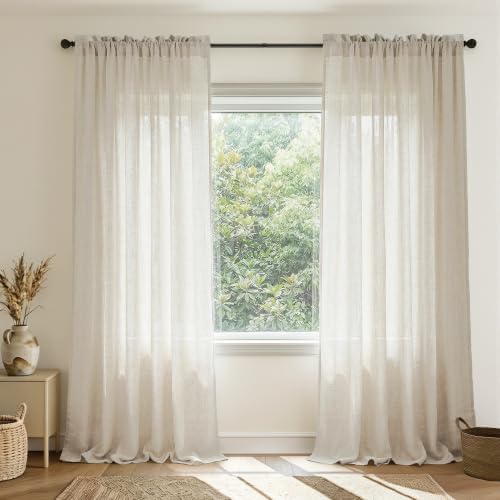 Mrs.Naturall 120 Inch Extra Long Beige Linen Sheer Curtains for Living