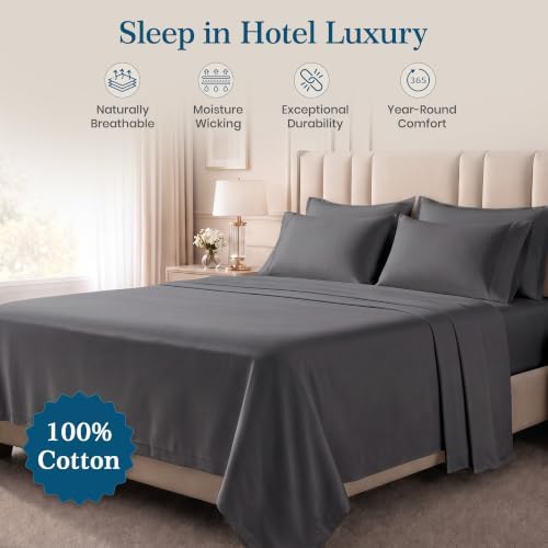 Luxury 4Pc King Size Sheets Set, 100% Cotton Sateen (Charcoal Grey)