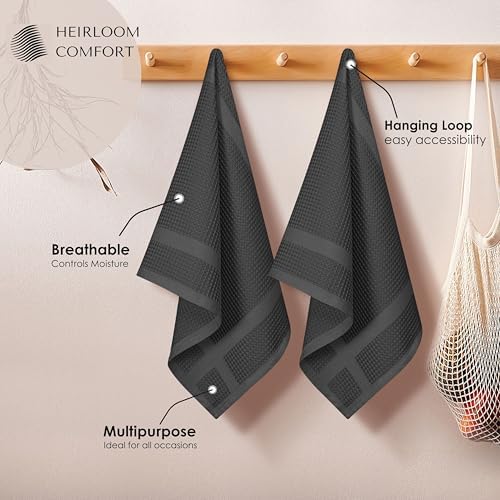 Gray Waffle Kitchen Towels with Hanging Loop, 5 Pack, 100% Cotton