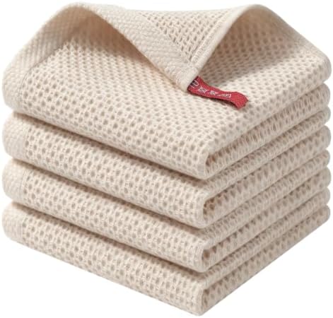 100% Cotton Waffle Kitchen Dish Towels Beige 12 * 12 4 Pack