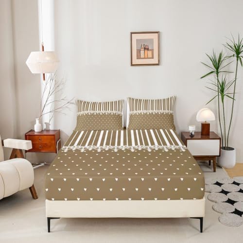 Erosebridal Taupe Heart Striped Fitted Sheet Queen for Girls Boys Kids
