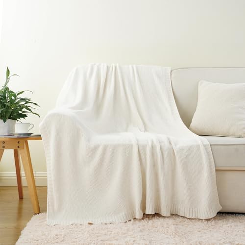 Chenille Throw Blanket for Couch, Knit Throw Blanket 51"x67", Ivory