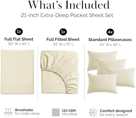 21 Inch Deep Pocket Full Size Bed Sheets Set Wrinkle Free Microfiber