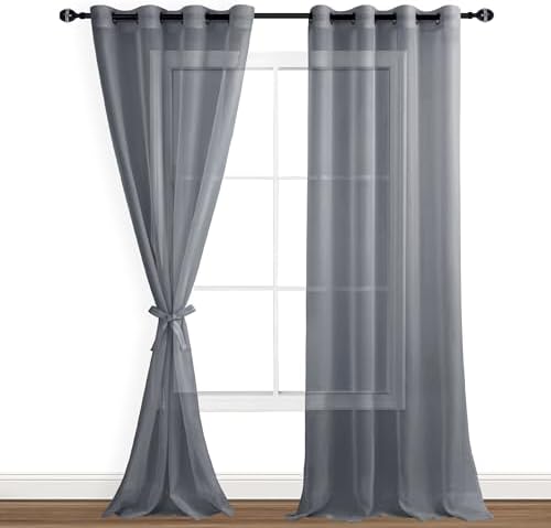 Hiasan Sheer Curtains 96 Inches Long with Tiebacks, Dark Grey, 2