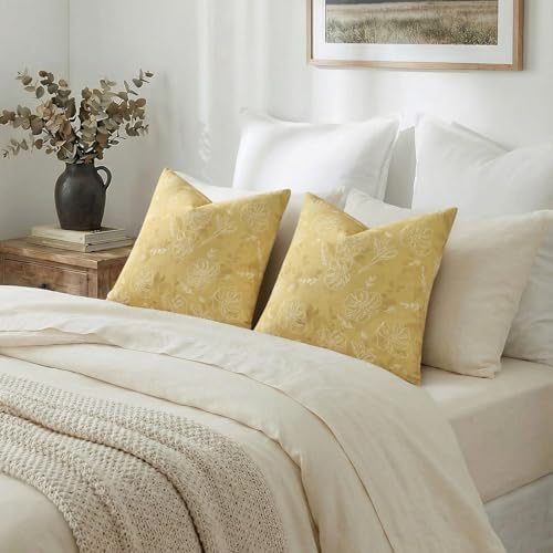 decorUhome Floral Faux Linen Throw Pillow Covers 20x20 Set of 2 Yellow