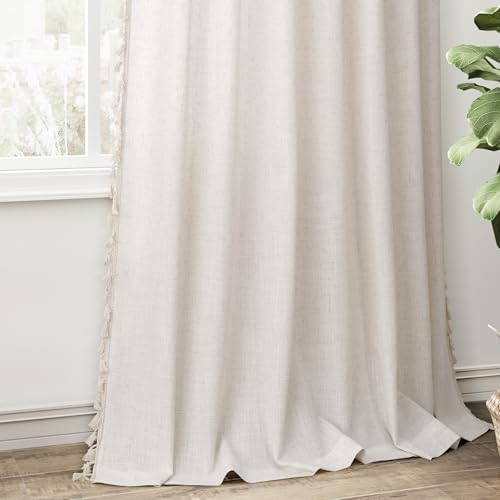 Light Beige Boho Linen Blend Curtains 96 Inches Long 2 Panels Textured
